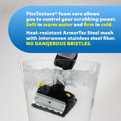 Scrub Daddy FlexTexture foam detail demonstrating temperature-activated cleaning control