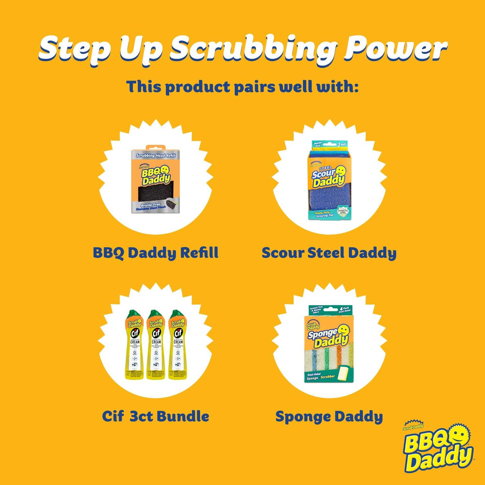 Scrub Daddy in a backyard grilling scene showing efficient cleanup after cooking