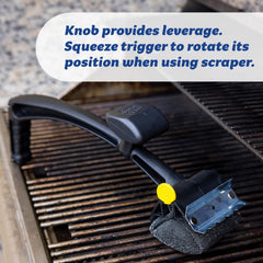 Scrub Daddy metal scraper between grill grates removing char for safer food
