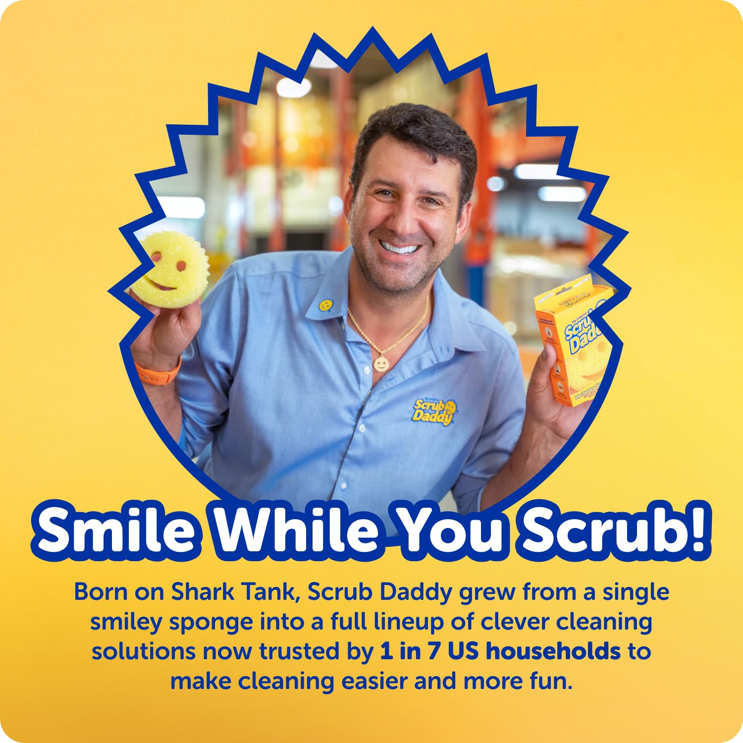Scrub Daddy lifestyle shot at a backyard barbecue showing quick cleanup and ready-to-cook grill