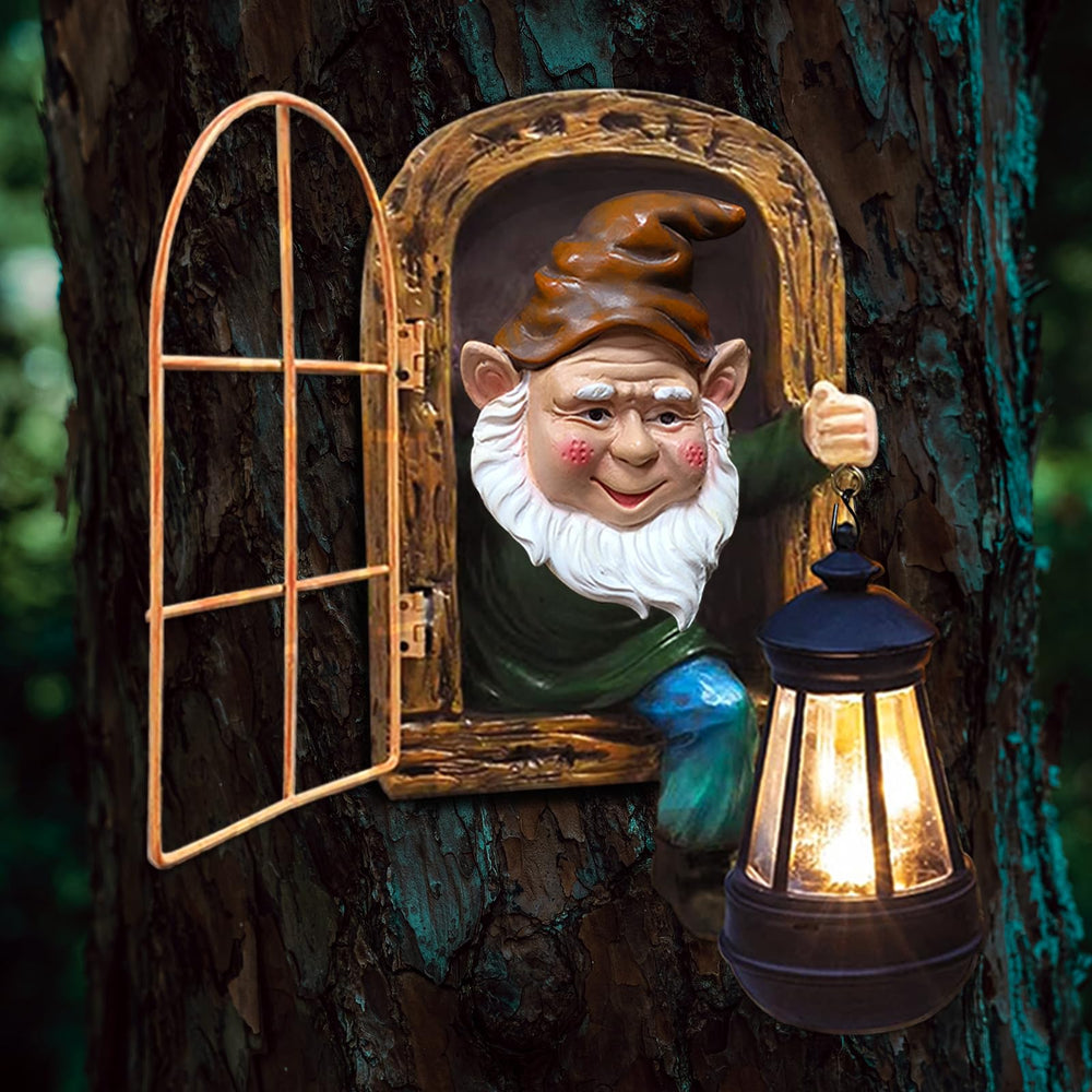 Scuyari gnome front view showing whimsical tree-face and lantern benefit: visual charm