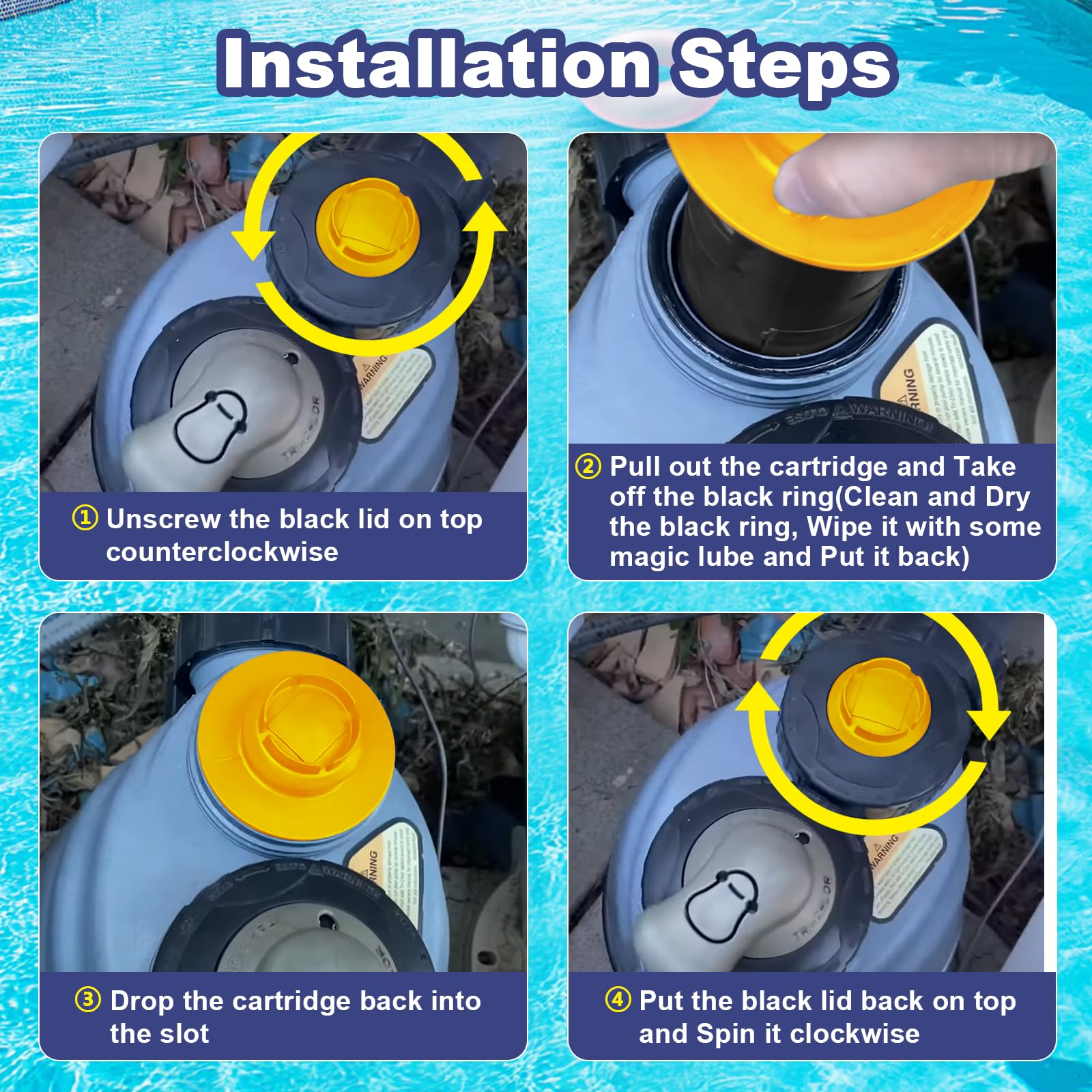 sdanbom cartridge at poolside being installed showing improved water clarity benefit