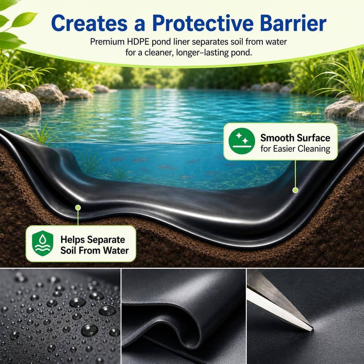 SDLDEER pond liner installed in backyard pond showing secure water containment