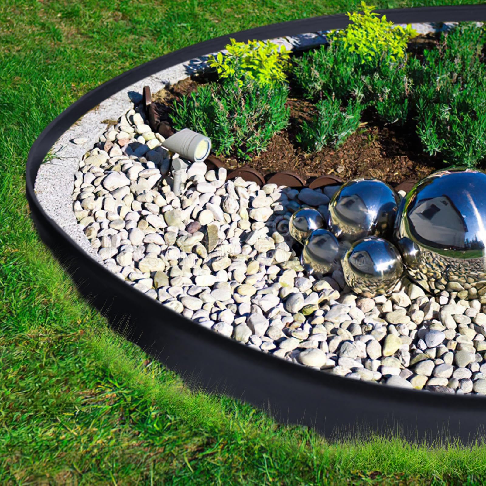 SDLDEER backyard scene with edging defining beds for tidy, low-maintenance landscaping