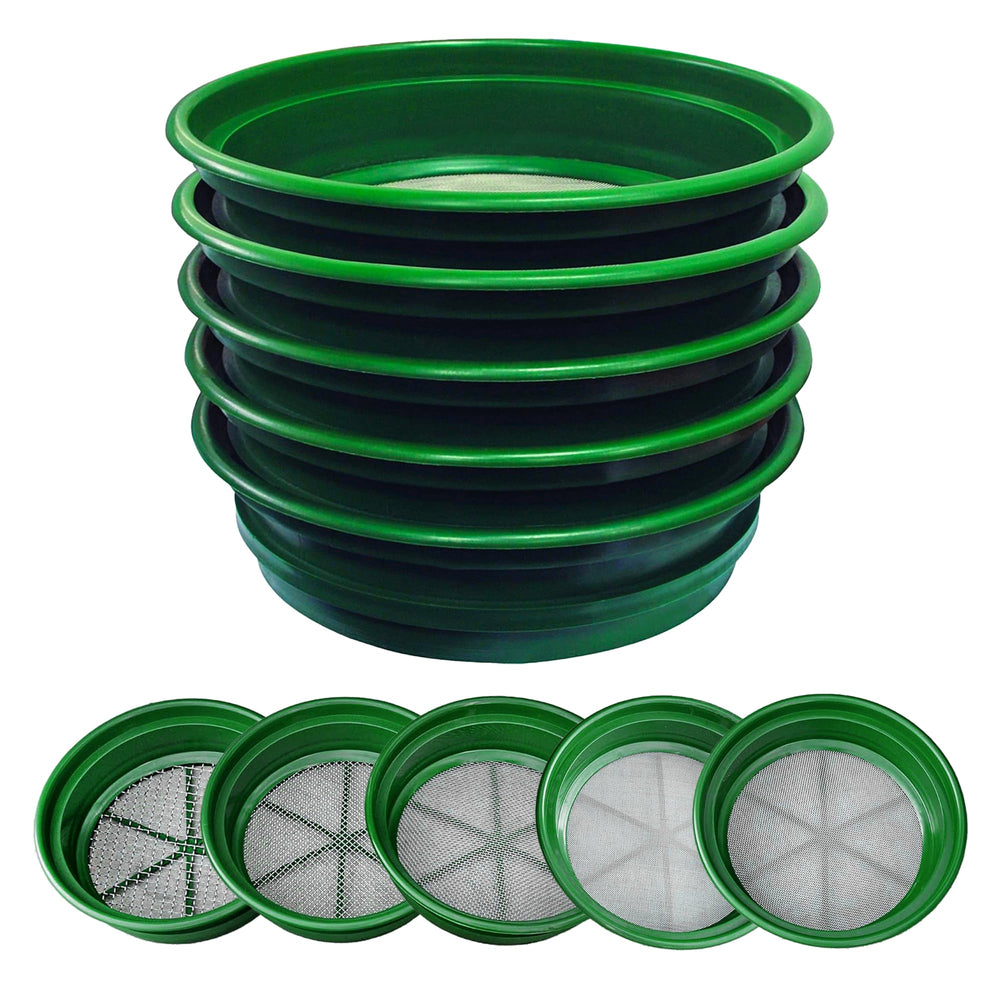 SE front view of green 5-piece classifier set showing stacked pans and packaging, durable and portable