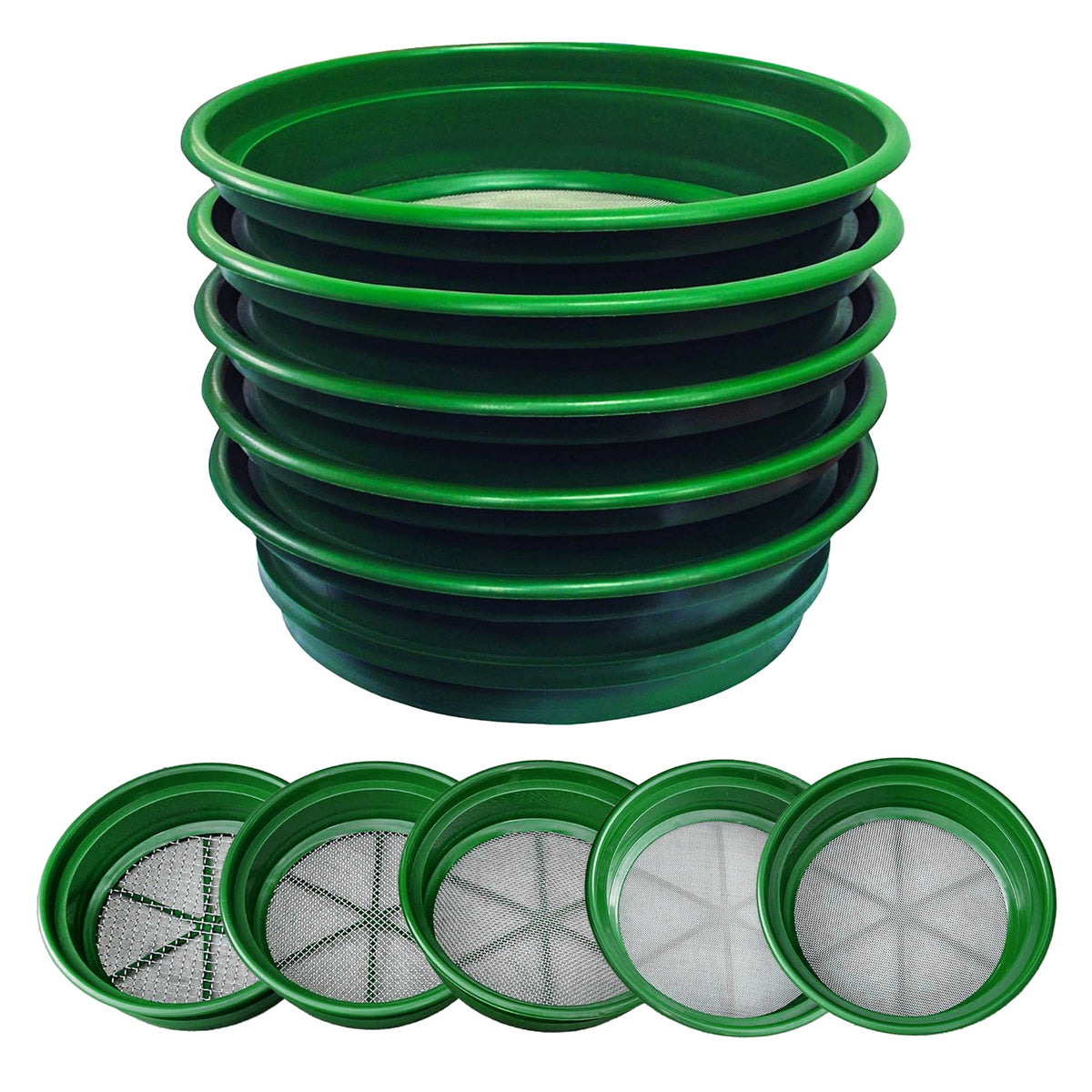 SE front view of green 5-piece classifier set showing stacked pans and packaging, durable and portable