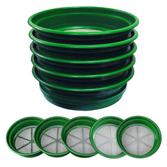 SE front view of green 5-piece classifier set showing stacked pans and packaging, durable and portable