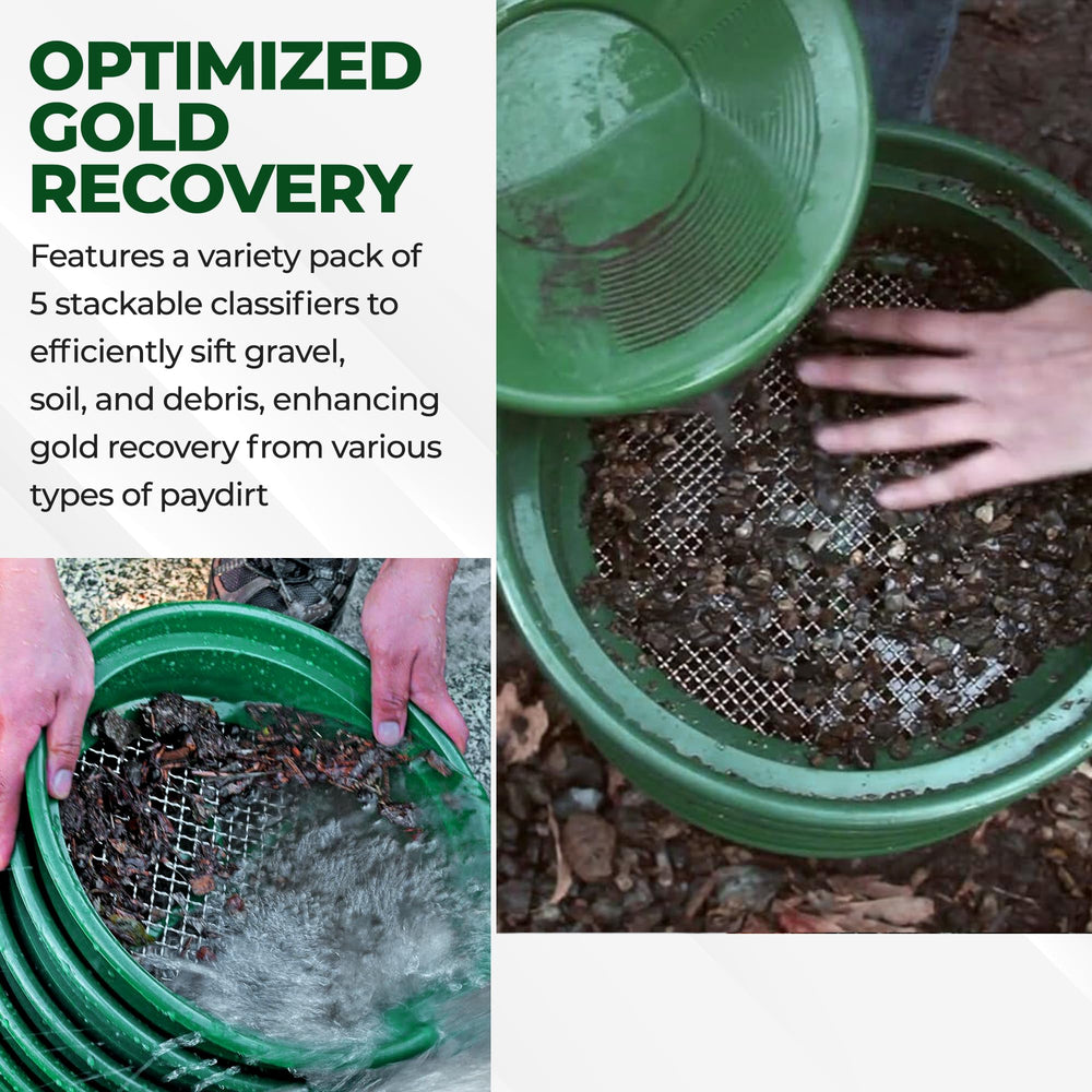 SE in-field prospecting demo with pans being used over a bucket to speed gold recovery