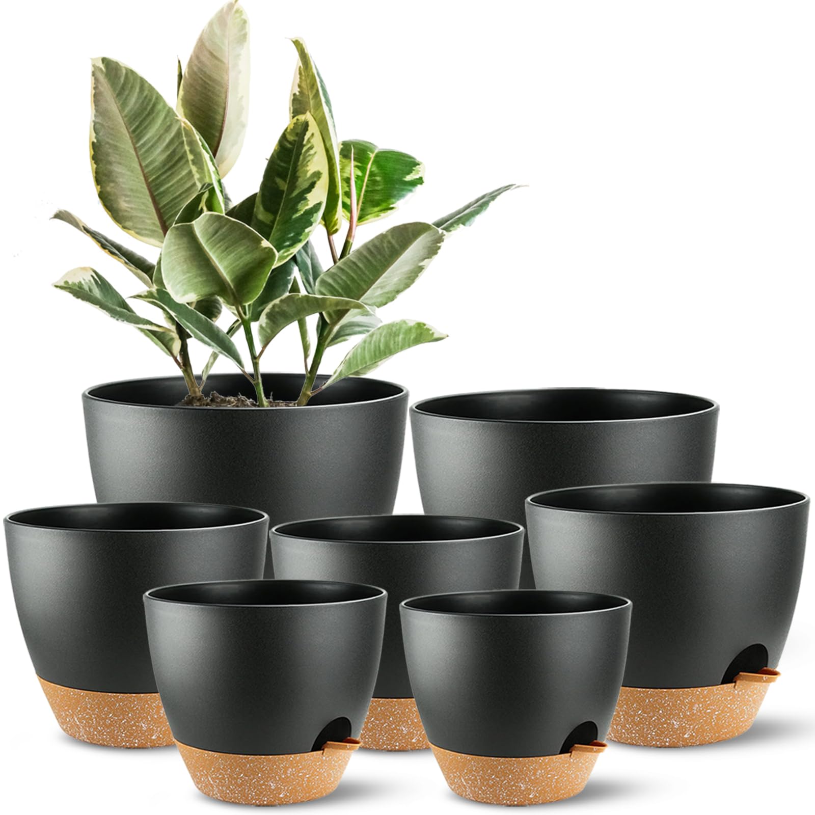 SE SUN-E front view of seven-piece planter set showing sizes and modern black finish benefit easy styling