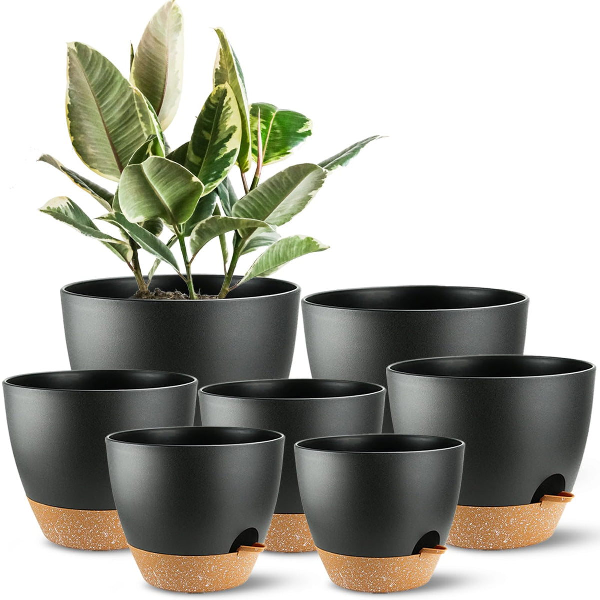 SE SUN-E front view of seven-piece planter set showing sizes and modern black finish benefit easy styling