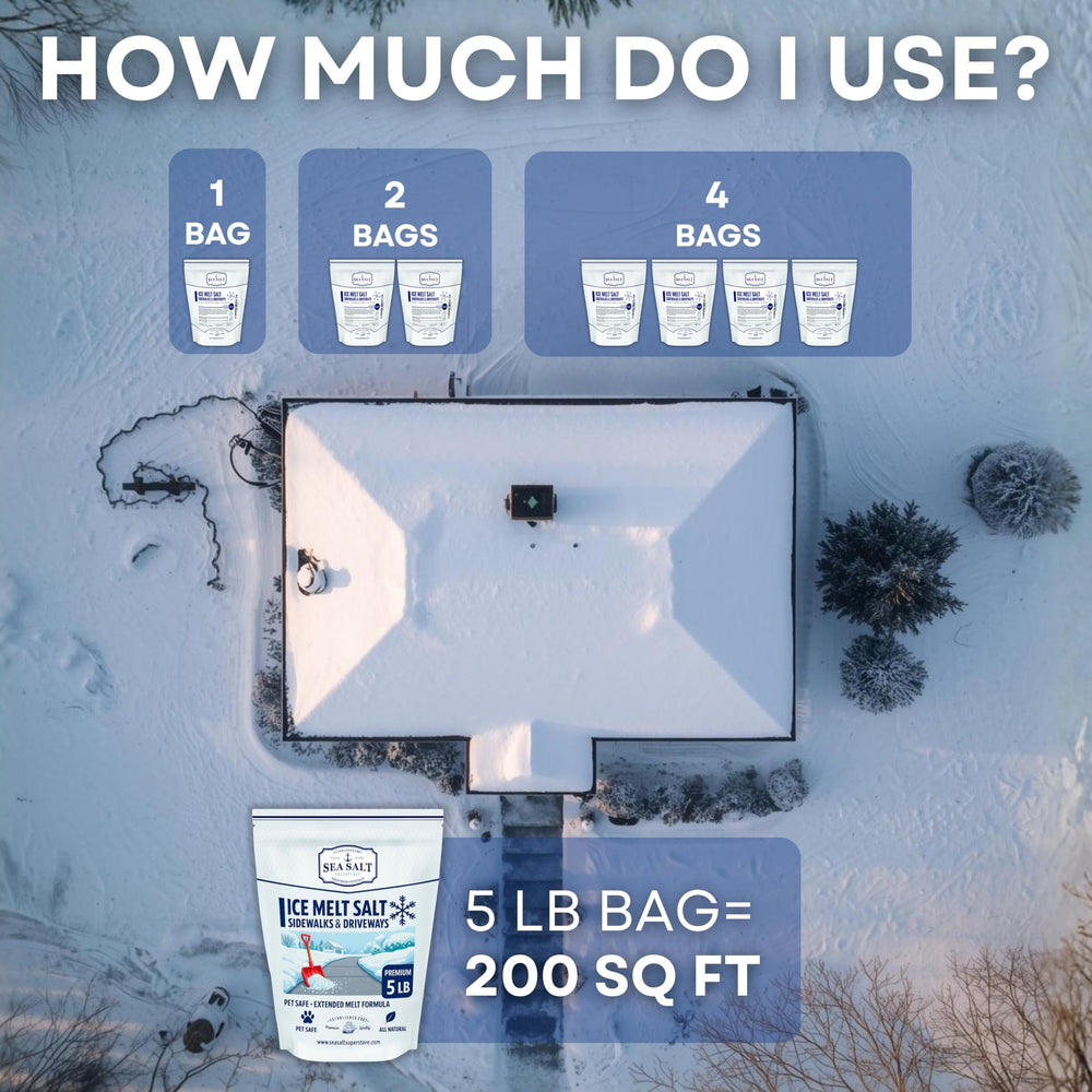 Sea Salt Superstore being scattered on an icy walkway showing fast breaking of thin ice for safer footing