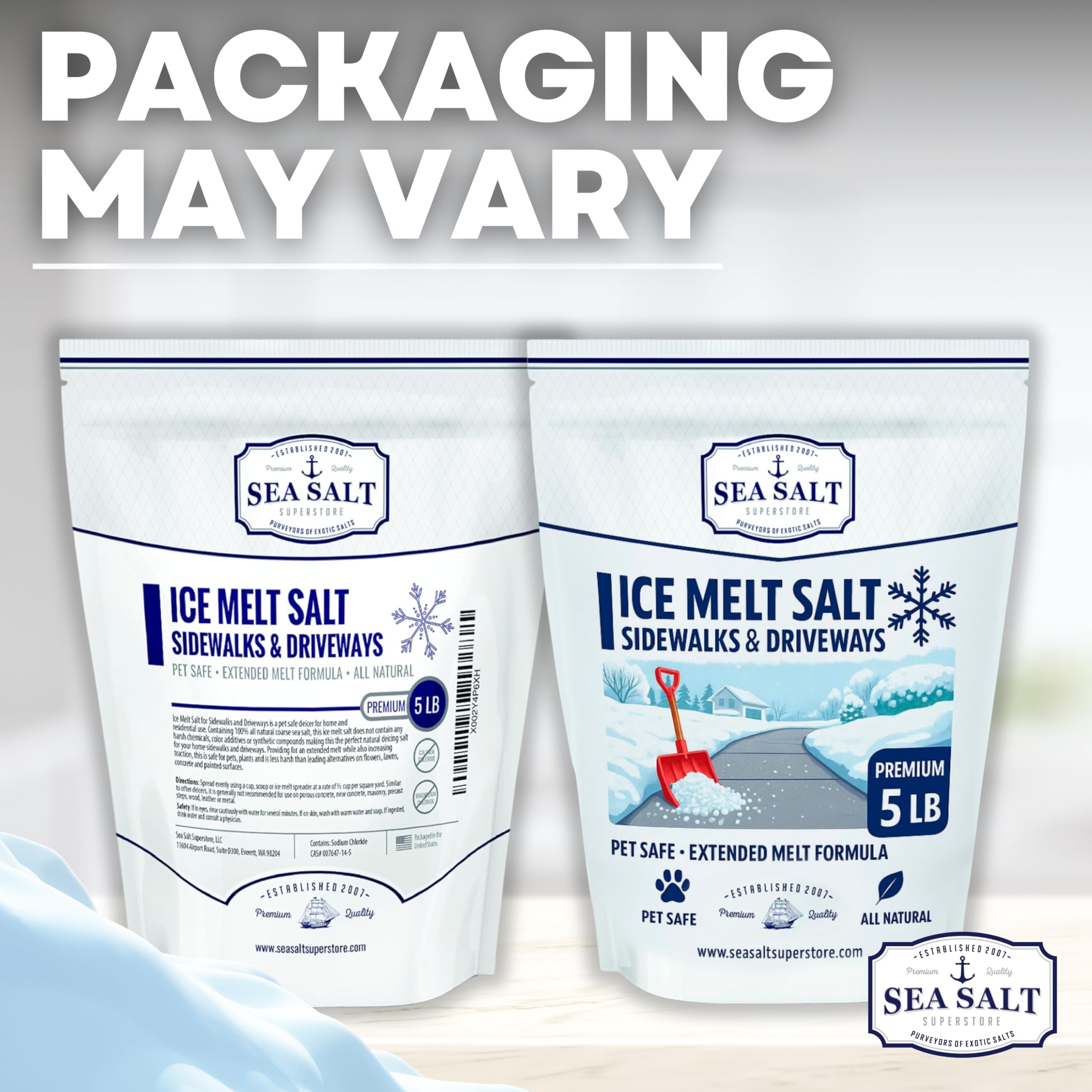 Sea Salt Superstore 5 lb bag beside a shoe showing compact size for portable winter use and easy storage