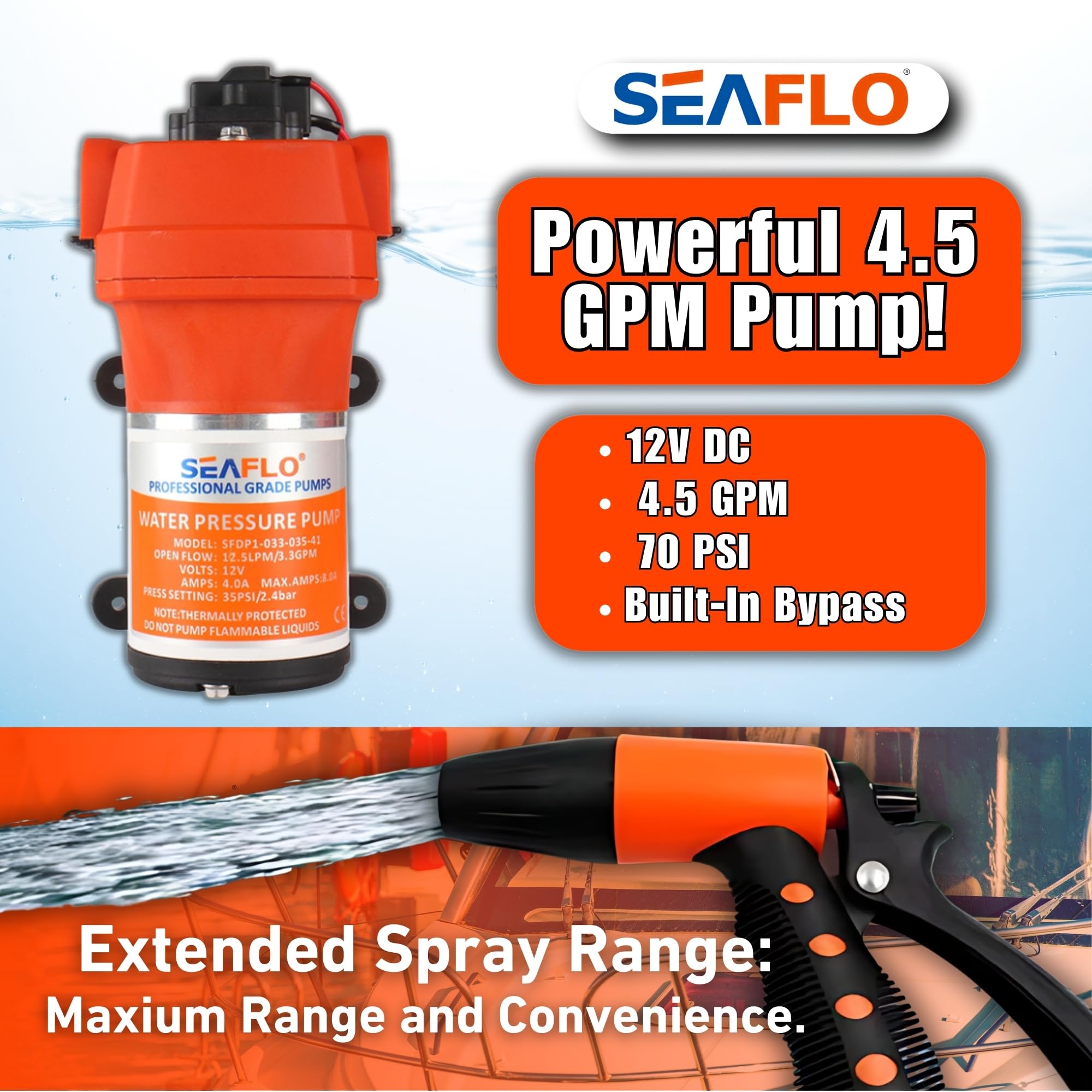 SEAFLO UV-protected coiled outlet hose highlighting weather resistance benefit