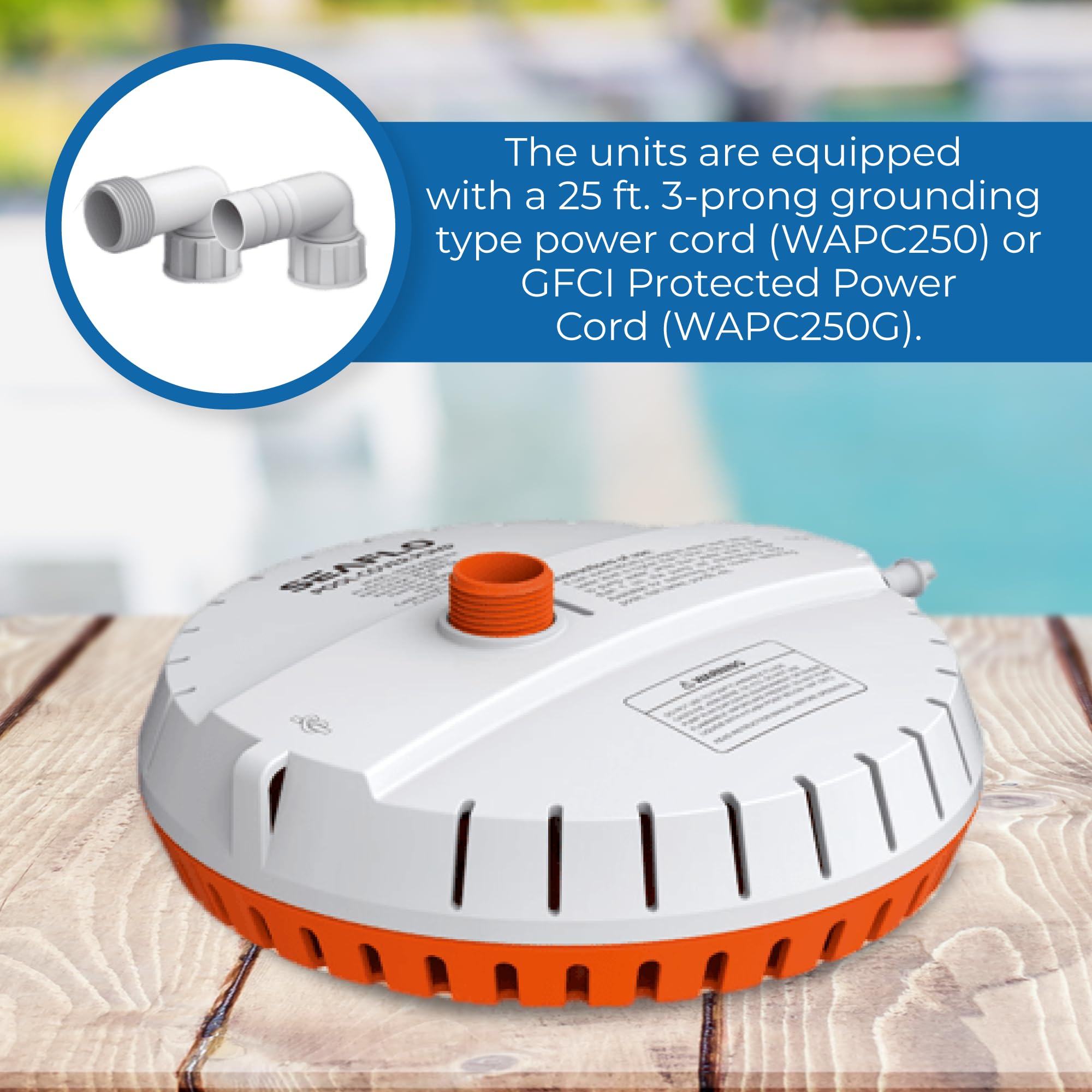 SEAFLO pump showing 25 ft cord and plug for flexible, safe placement