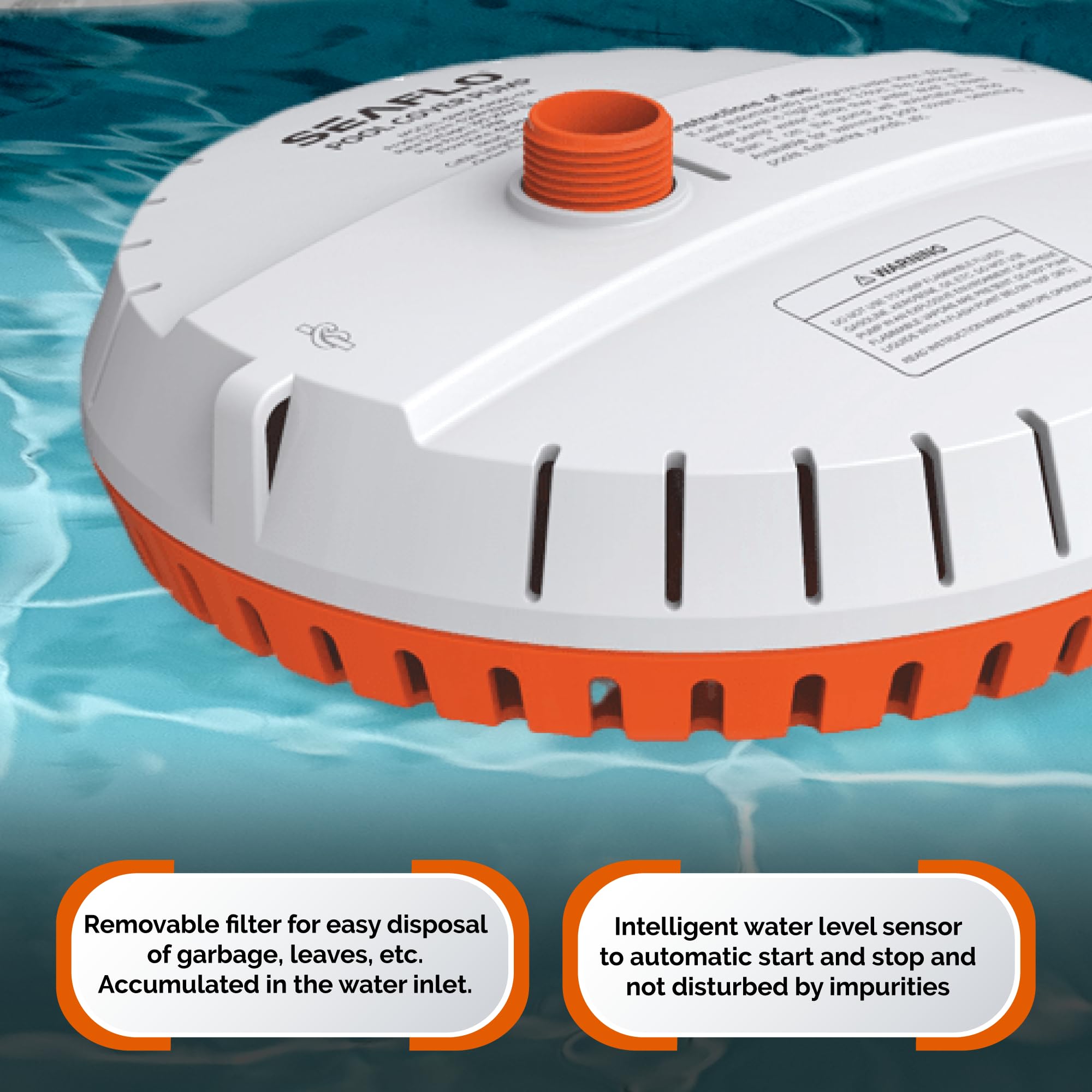 SEAFLO pump packaging and warranty card showing 4-year protection benefit