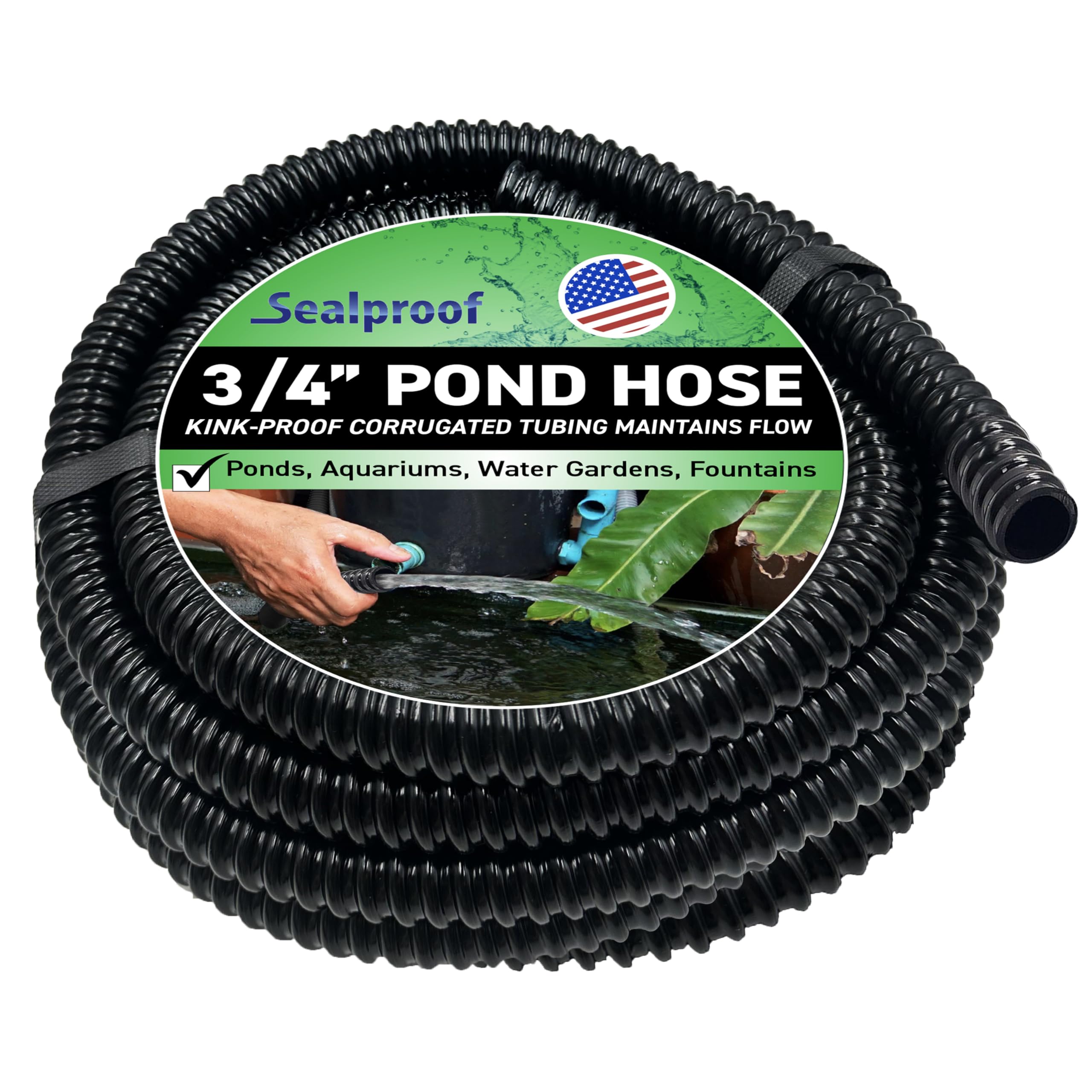 Sealproof front view of 20 ft corrugated pond tubing showing product and length benefit