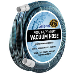 Sealproof front view of coiled hose showing durable construction and benefit of long reach