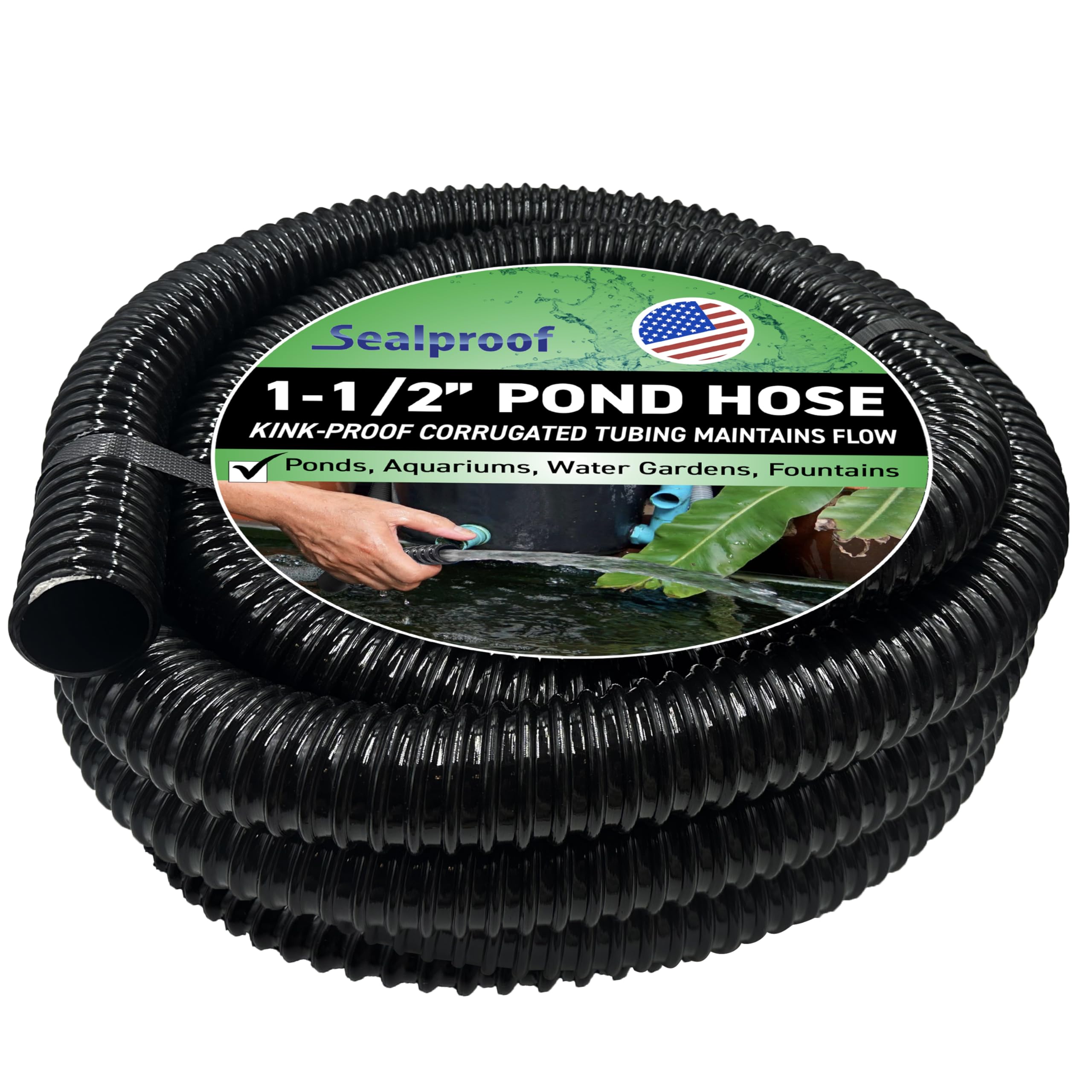 Sealproof front view of 20 ft black tubing showing compact coil and packaging benefit: clear product identification