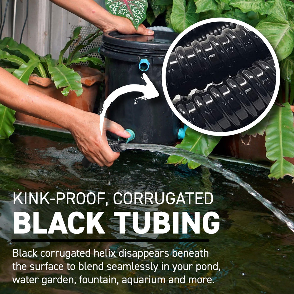 Sealproof tubing connected to a pond pump illustrating reliable flow and operational benefit