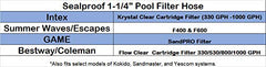 Sealproof hose connected to Intex pump demonstrating secure fit and improved pool circulation