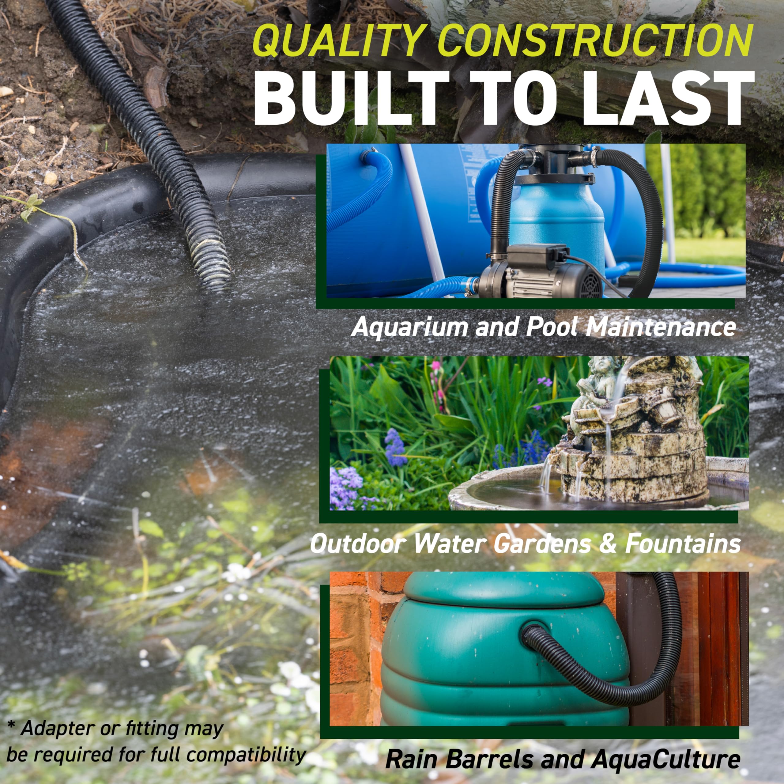 Sealproof black tubing routed along pond edge blending into landscape for discreet appearance