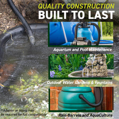 Sealproof black tubing routed along pond edge blending into landscape for discreet appearance