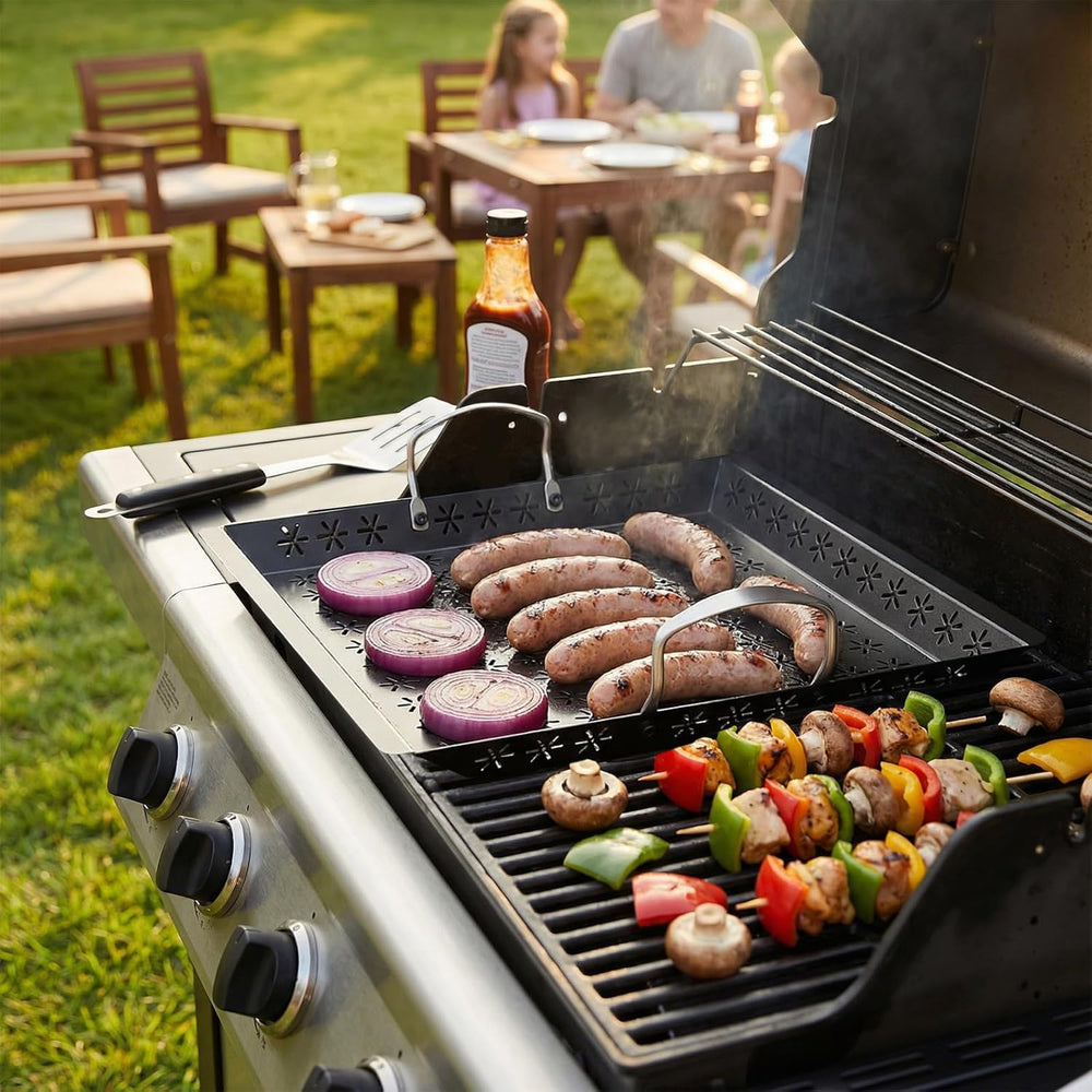 SearCook basket filled with colorful vegetables for batch grilling convenience