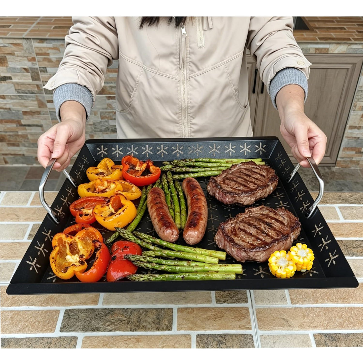 SearCook front view of XXXL vegetable grill basket showing full capacity and build for better grilling