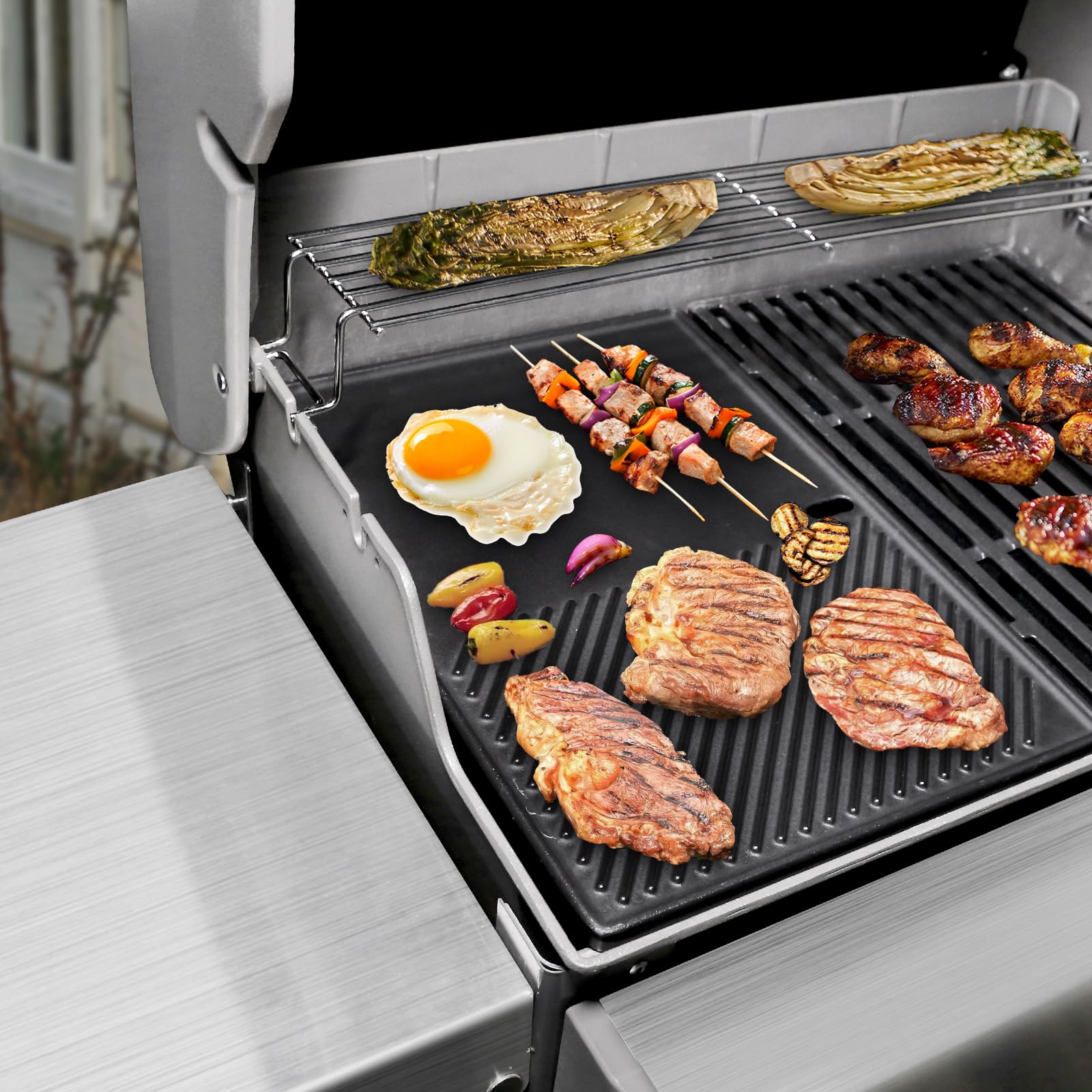 SearCook griddle beside ruler showing 17.5x11.9 inch scale for fit confirmation
