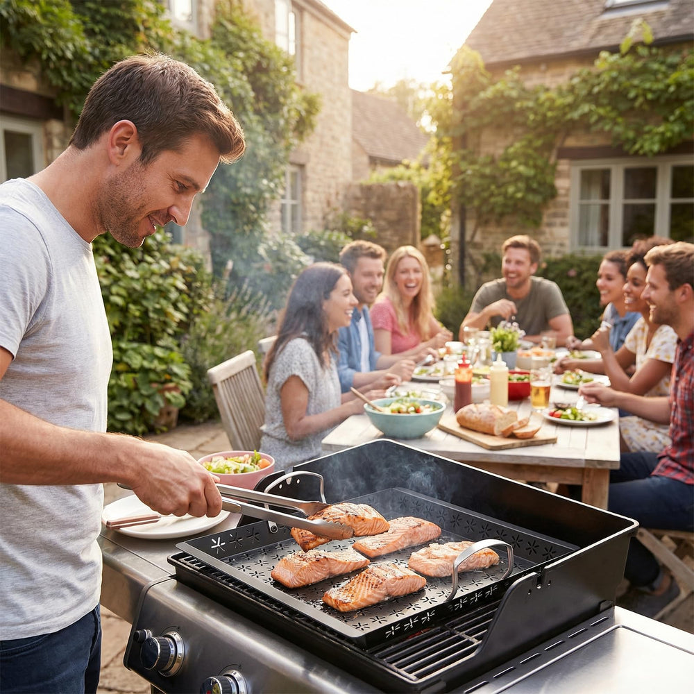 SearCook basket on charcoal grill in use delivering even heat and smoky char