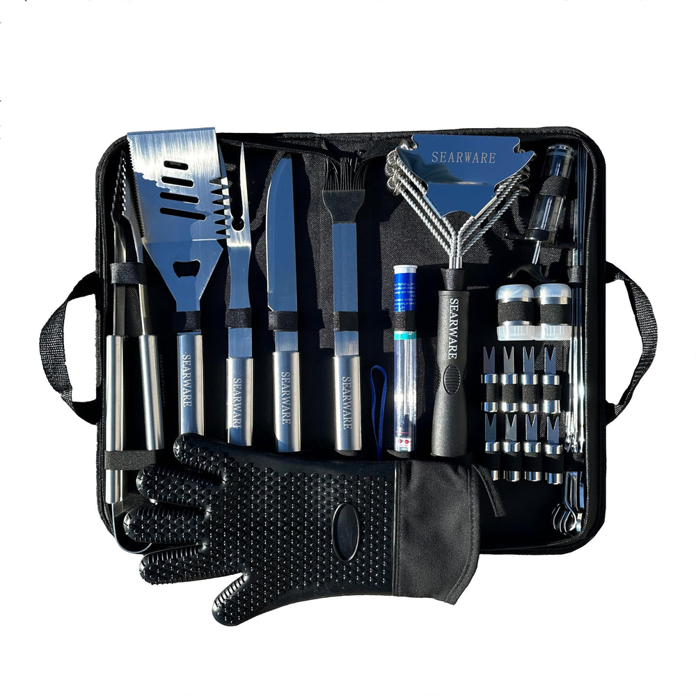 SEARWARE utensils in use on grill demonstrating reliable handling