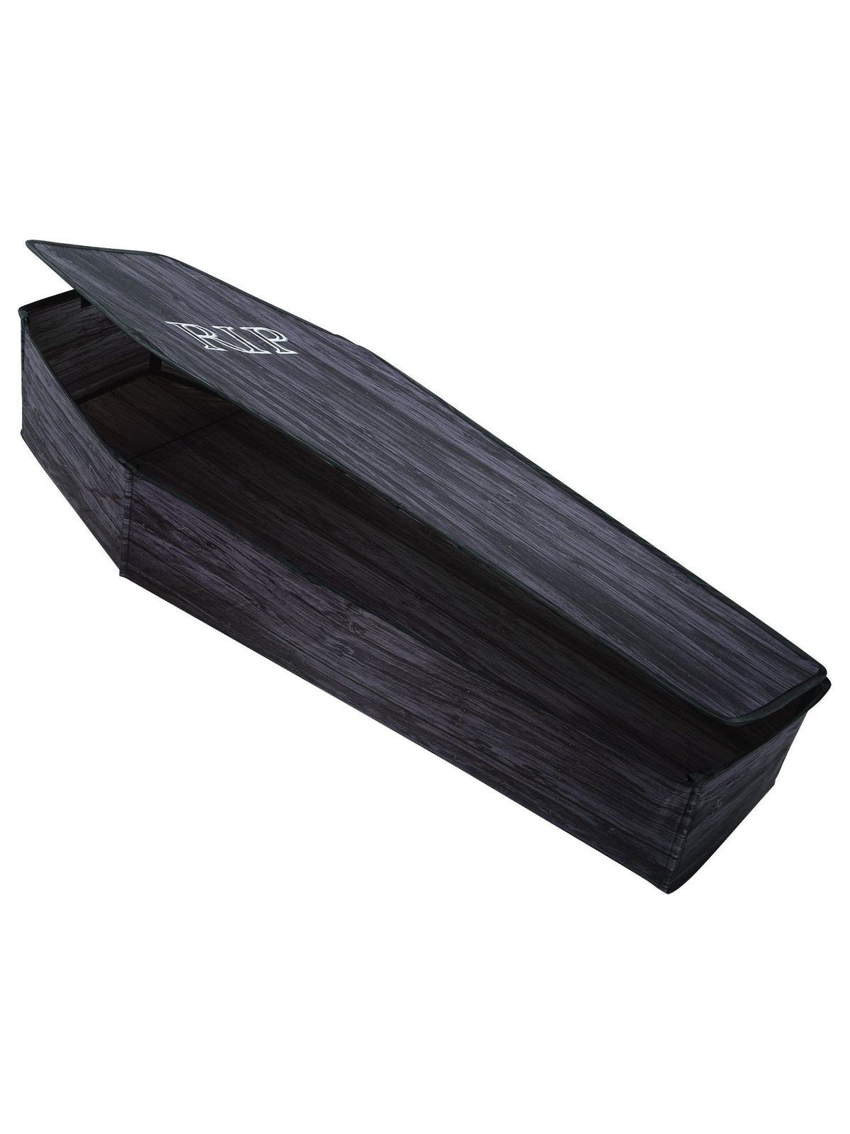 Seasonal Visions coffin front display showing full 60-inch black wood-print and RIP graphic, adds spooky curb appeal