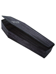Seasonal Visions coffin front display showing full 60-inch black wood-print and RIP graphic, adds spooky curb appeal