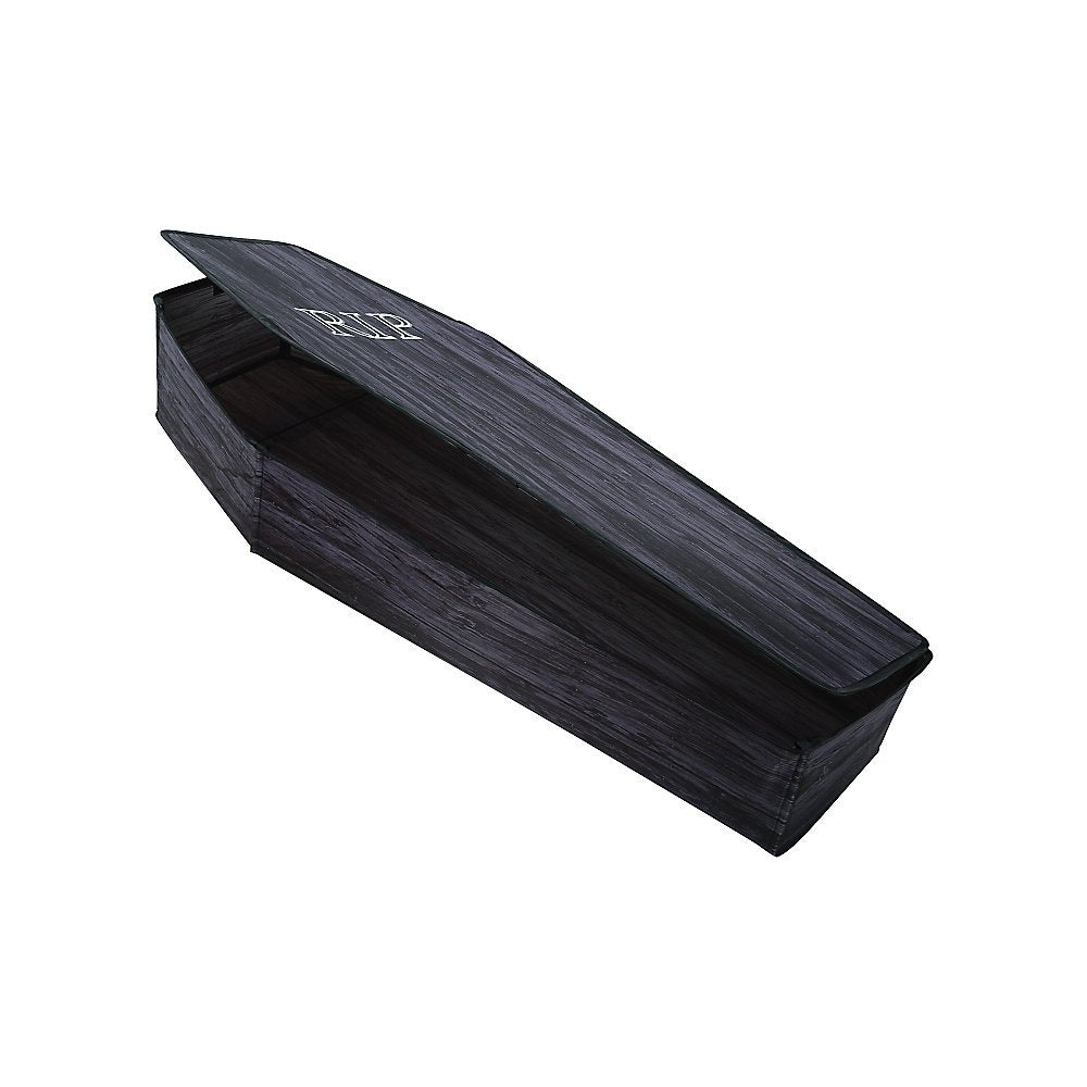 Seasonal Visions coffin lid closeup highlighting printed RIP detail and weather-resistant fabric, durable for photos