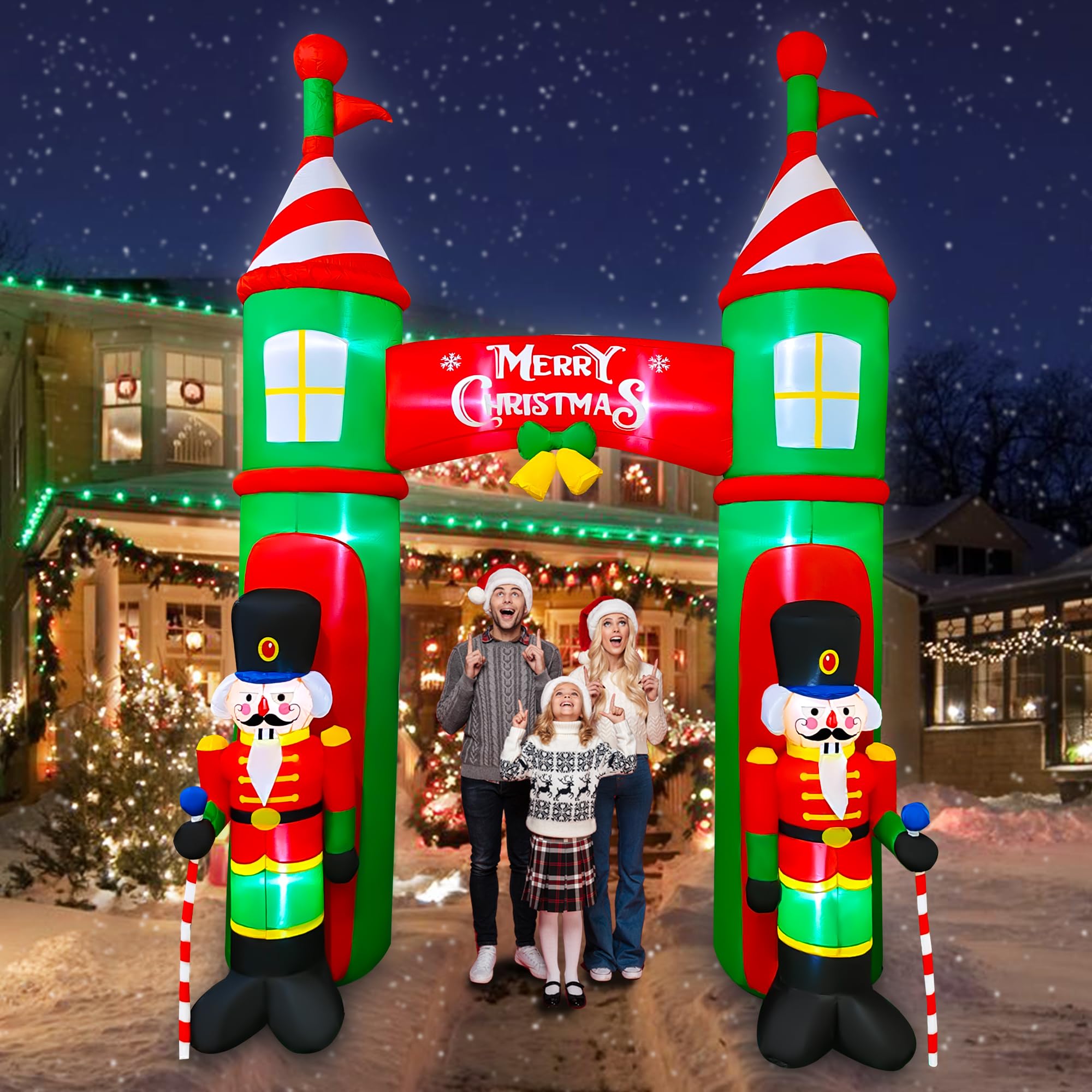 SEASONBLOW front view of 10 ft nutcracker archway lighting entrance