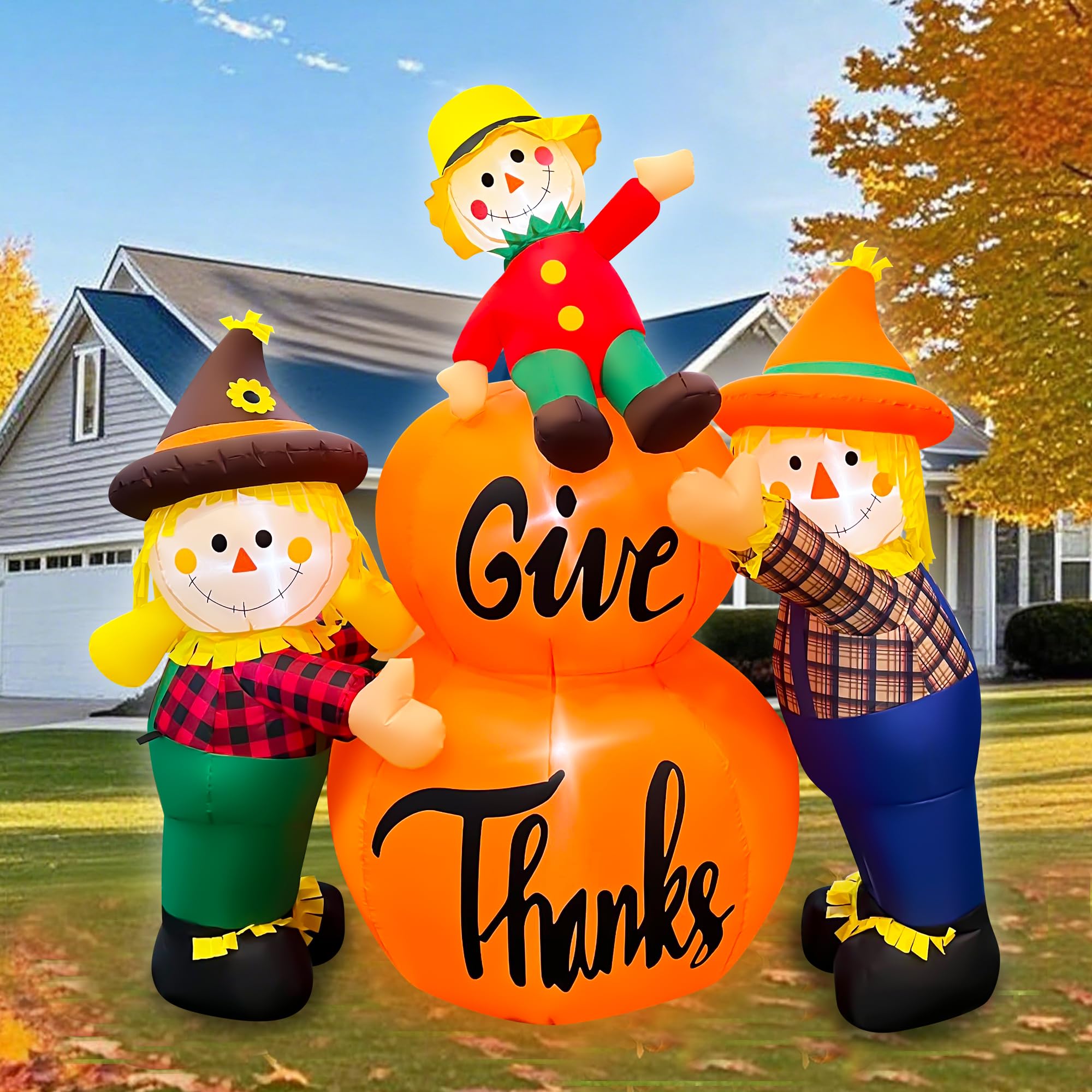 SEASONBLOW front view of three scarecrows showing festive yard appeal