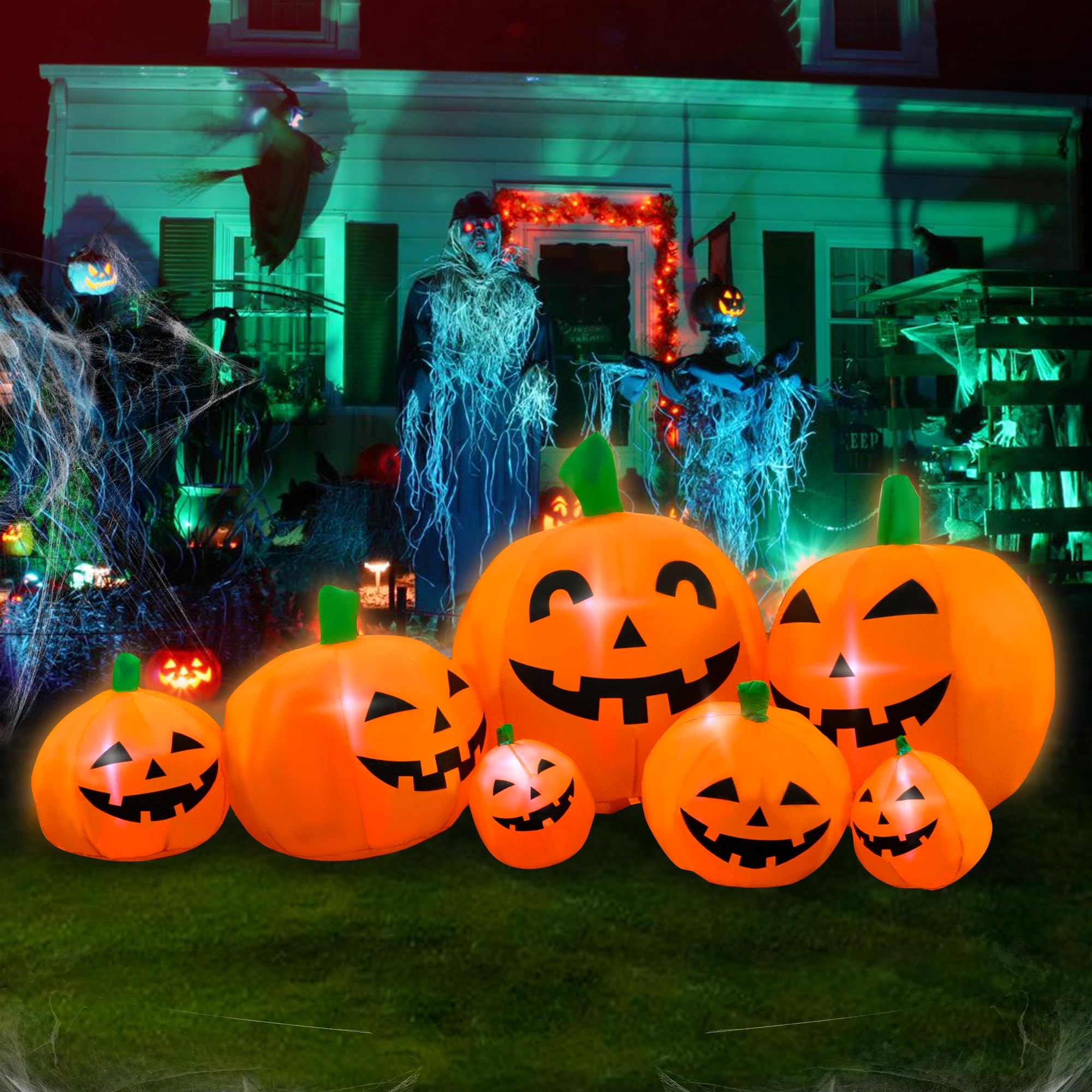 SEASONBLOW lit inflatable at dusk creating visible Halloween atmosphere outdoors