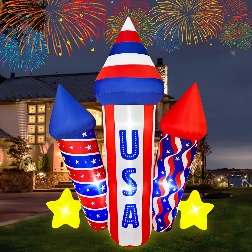 SEASONBLOW rocket front view showing patriotic design and quick setup benefit