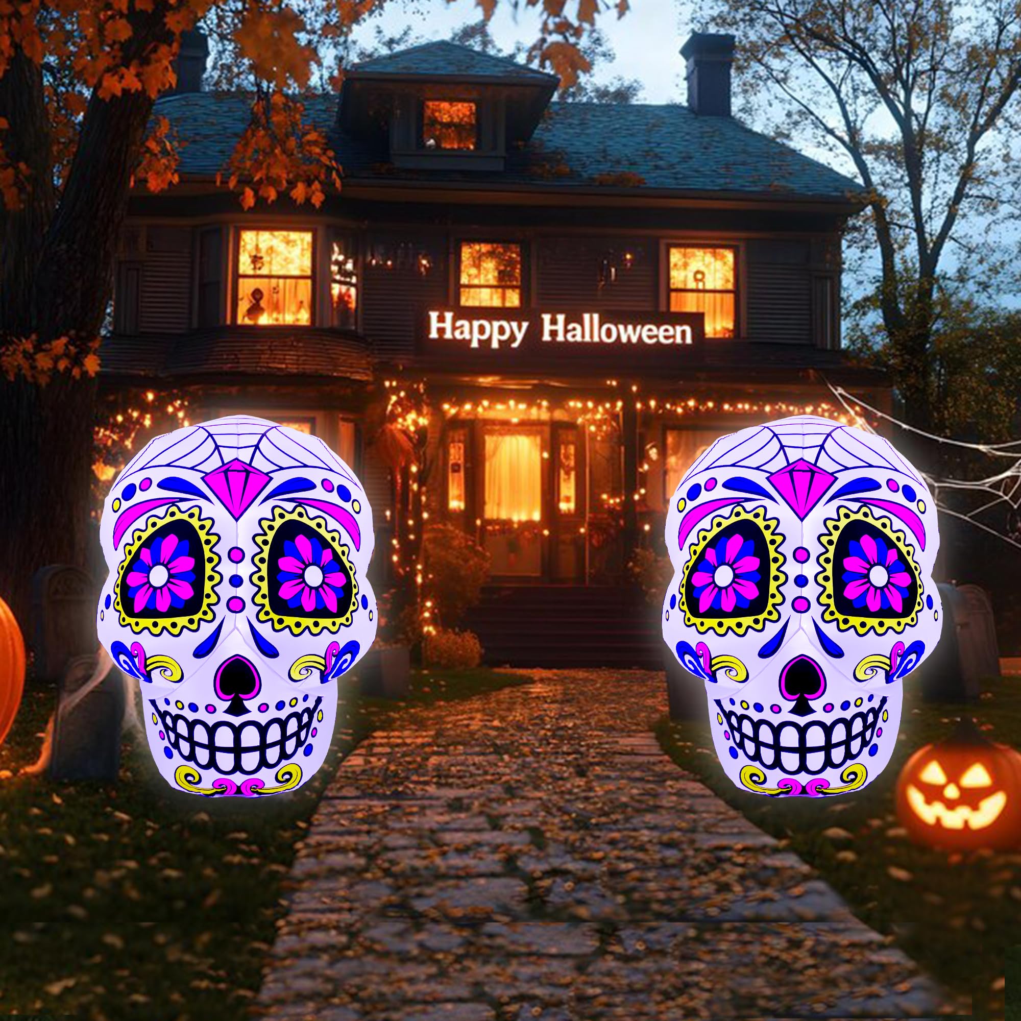 SEASONBLOW sugar skull glowing with internal LEDs to brighten nighttime displays
