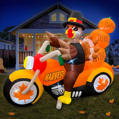 SEASONBLOW yard display of inflatable turkey on motorcycle showing seasonal charm