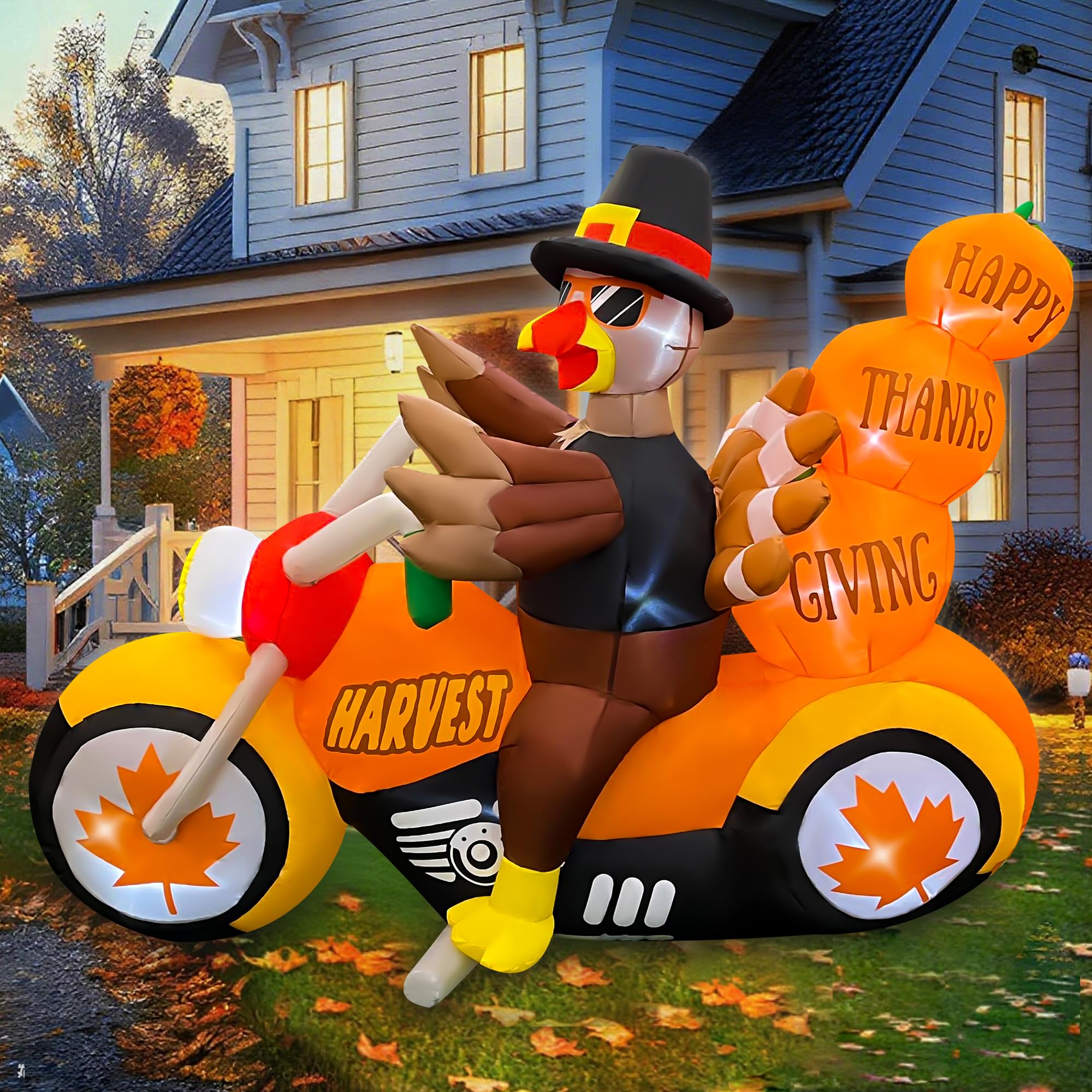 SEASONBLOW illuminated turkey and pumpkins at night for standout visibility