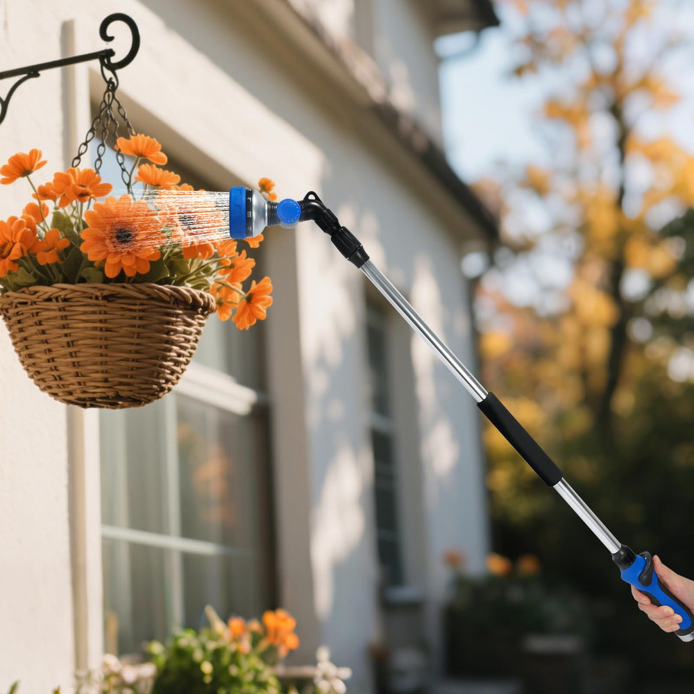 Seatern watering wand in use on hanging baskets showcasing safe reach