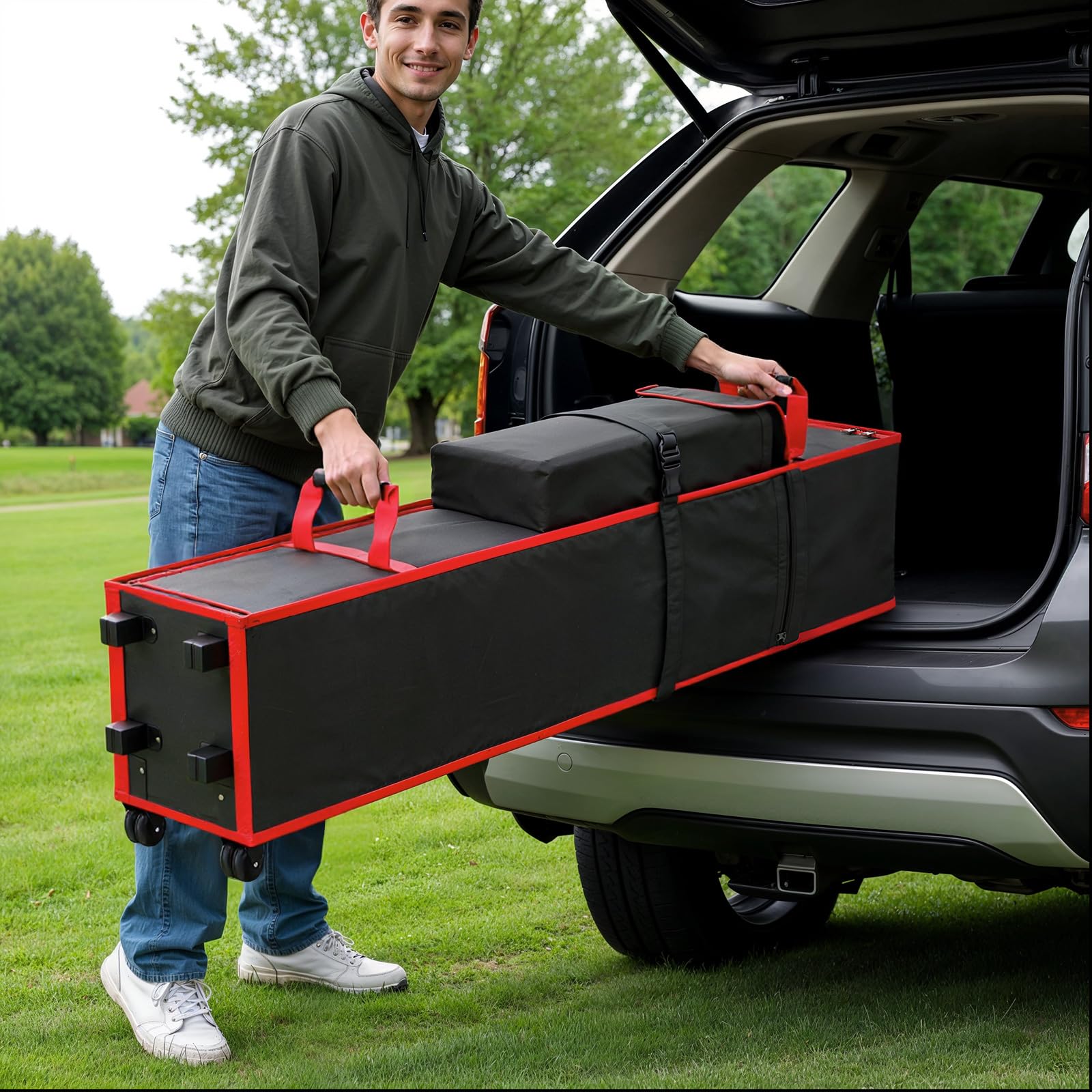 SEAVERRS person rolling the packed tent bag for effortless movement