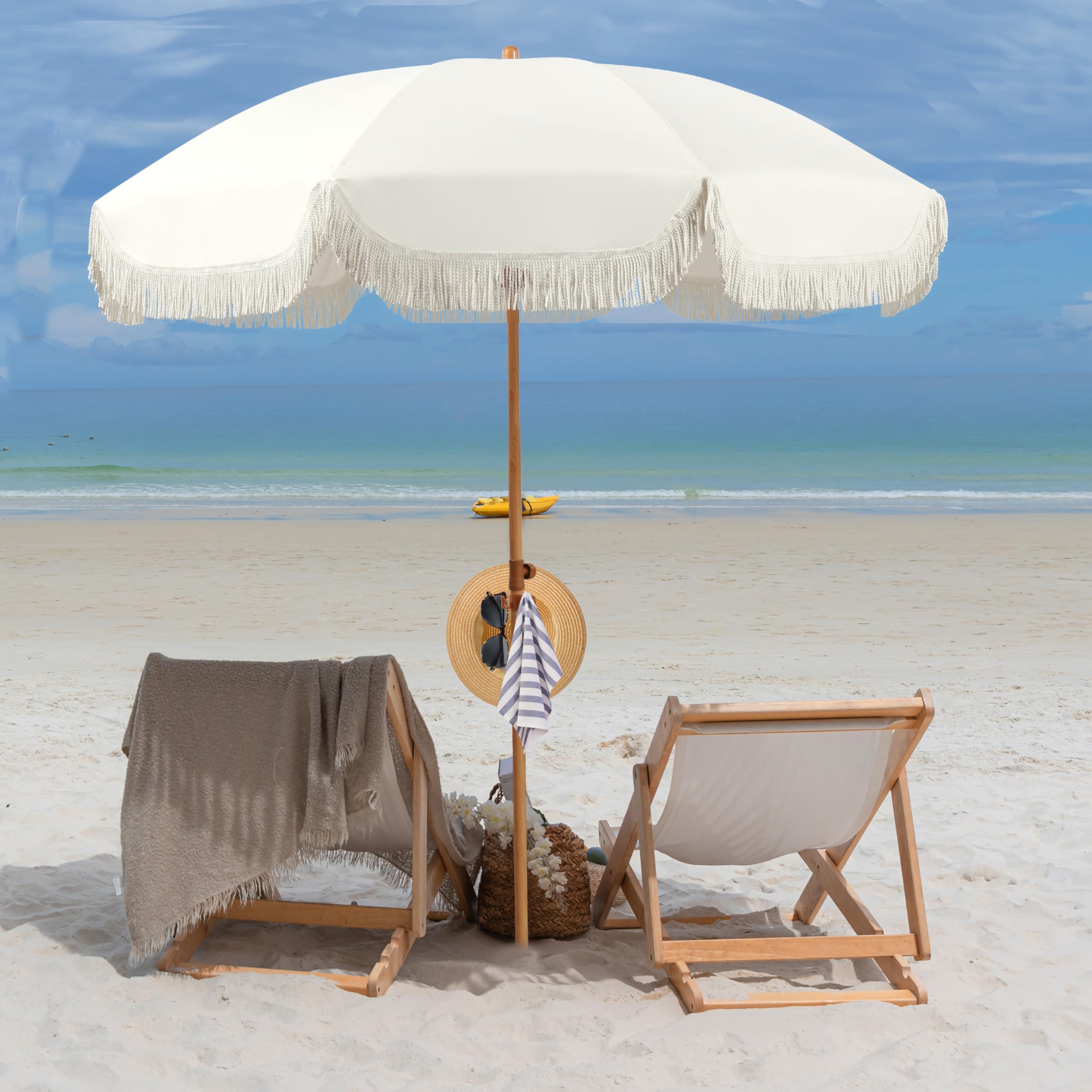 Seazul umbrella on beach near towel and cooler demonstrating lifestyle comfort