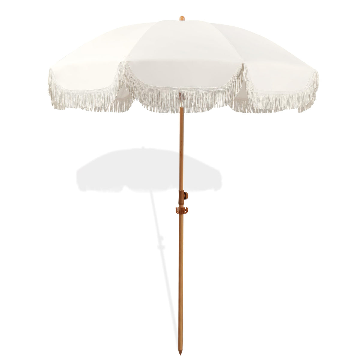 Seazul umbrella front view with fringe showing shade coverage benefit
