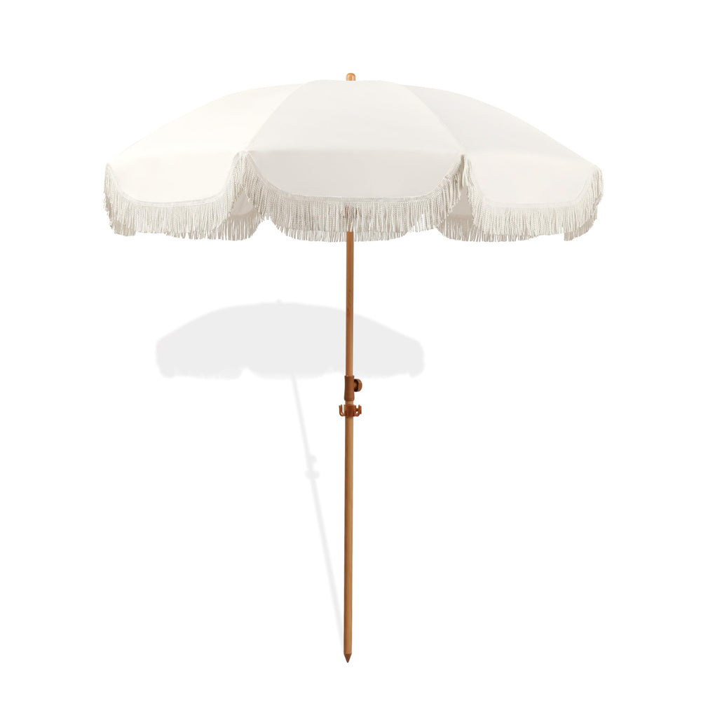 Seazul umbrella front view showing fringe and full canopy for stylish shade