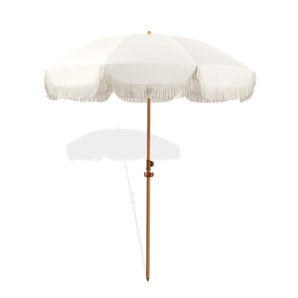 Seazul umbrella front view showing fringe and full canopy for stylish shade