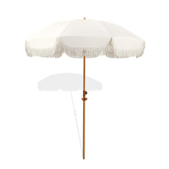 Seazul umbrella front view showing fringe and full canopy for stylish shade
