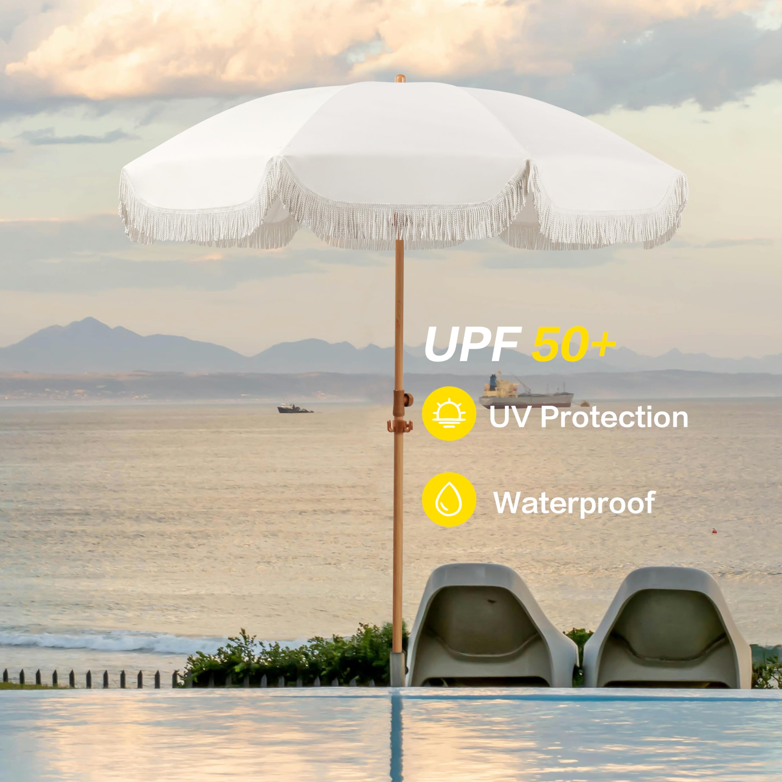 Seazul umbrella beside a beach chair illustrating size and user scale