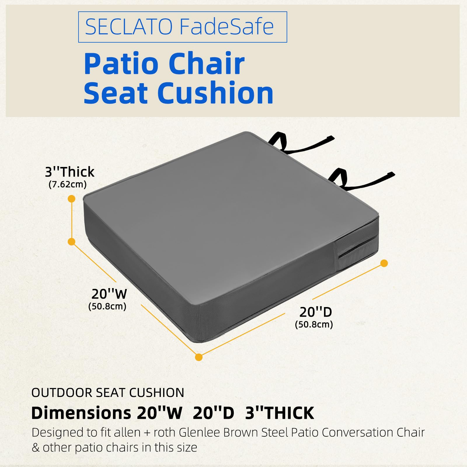 SECLATO cushion next to ruler showing 20x20x3 inch dimensions for fit